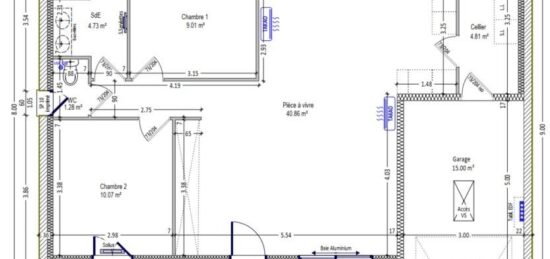 Plan de maison Surface terrain 70 m2 - 3 pièces - 2  chambres -  avec garage 